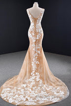 Mermaid Open Back Champagne Lace Long Prom Dress, Champagne Lace Prom Dress, Champagne Prom Dresses