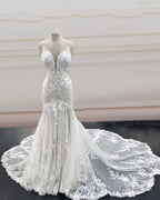 Mermaid Open Back Wedding Dresses Sweep Train Appliques