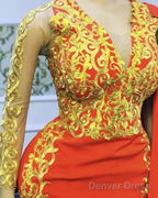 Mermaid Orange Prom Dresses Gold Lace Long Sleeves