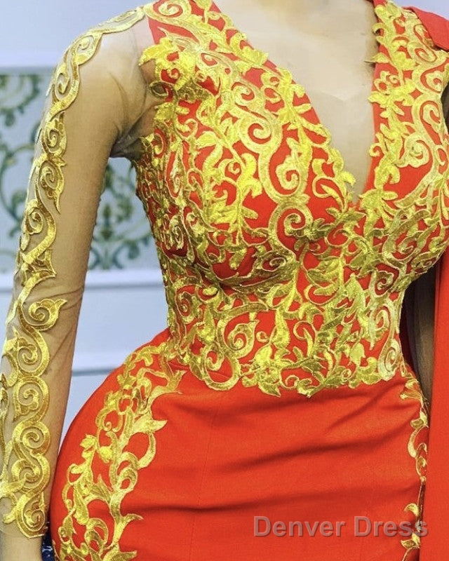Mermaid Orange Prom Dresses Gold Lace Long Sleeves