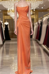 Mermaid Orange Satin Strapless Split Gown