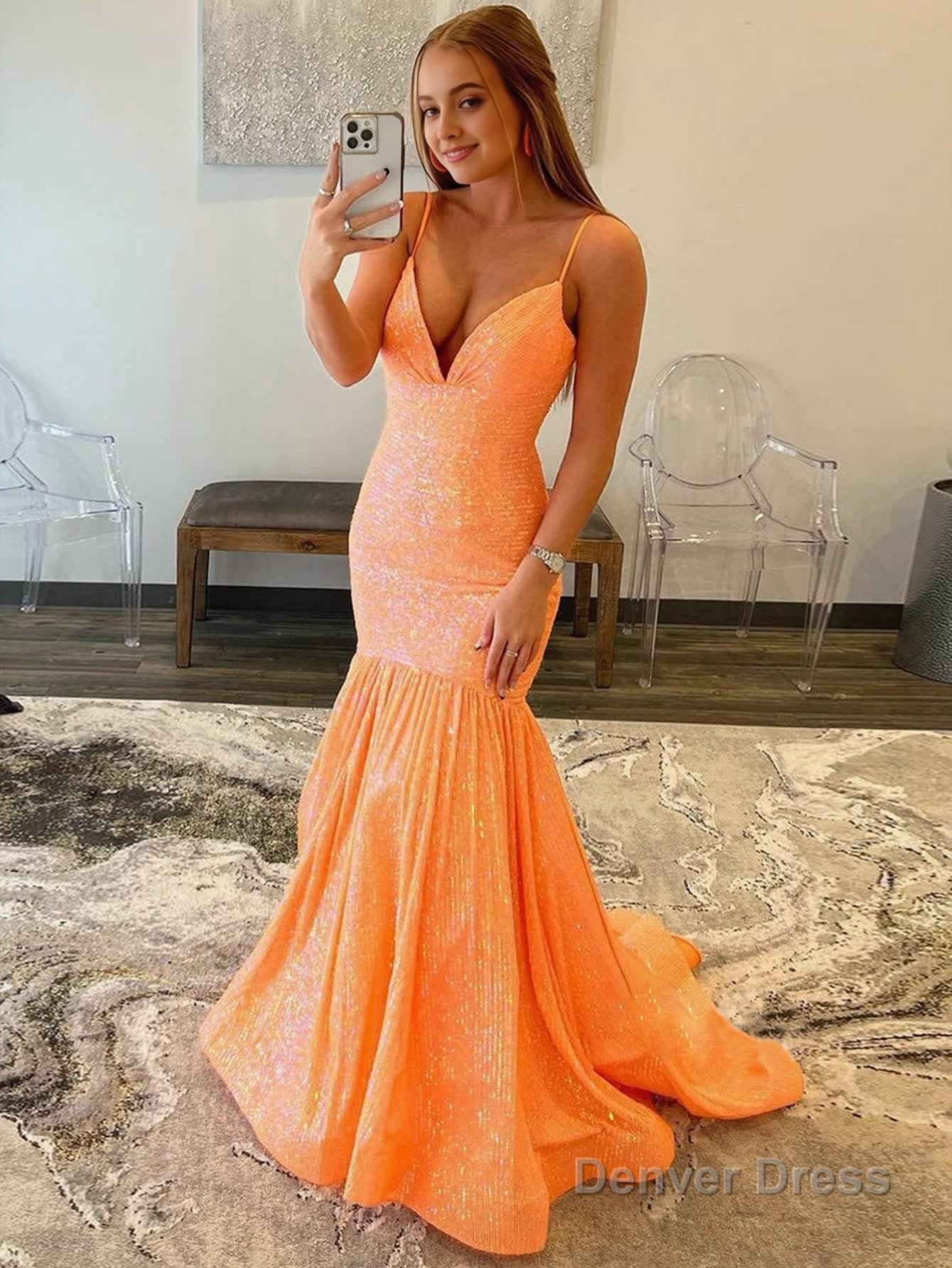 Mermaid Orange V Neck Sequins Prom Dress Main image