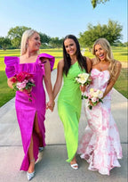 Pink Fashion Elegant Off-Shoulder Printed Floral Mermaid Slim Fit Long Ruffled Ball Gowns Prom Dress