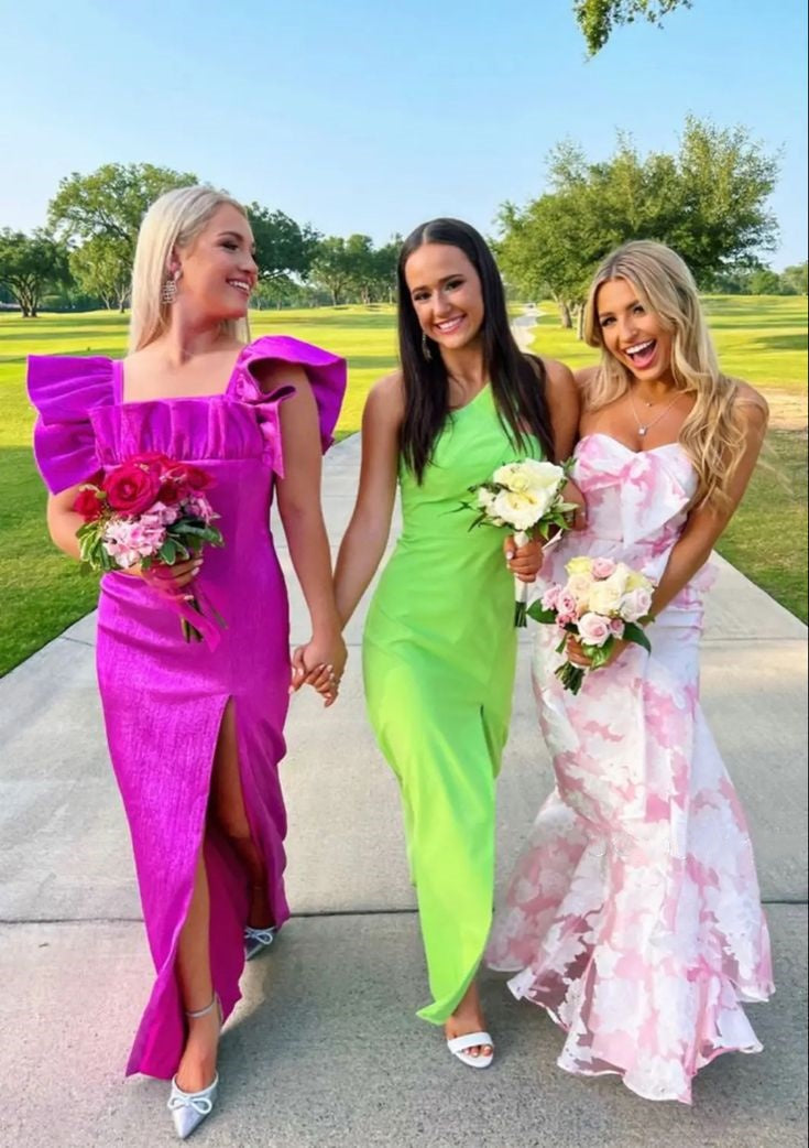 Pink Fashion Elegant Off-Shoulder Printed Floral Mermaid Slim Fit Long Ruffled Ball Gowns Prom Dress