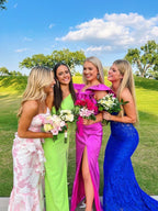 Pink Fashion Elegant Off-Shoulder Printed Floral Mermaid Slim Fit Long Ruffled Ball Gowns Prom Dress