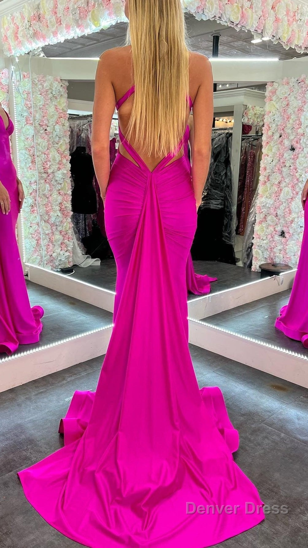 Mermaid Pink V Neck Backless Satin Long Prom Dresses