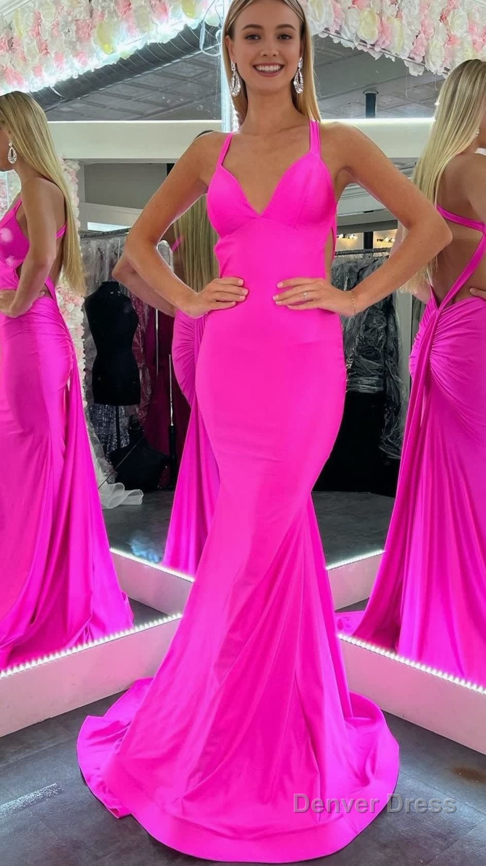 Mermaid Pink V Neck Backless Satin Long Prom Dresses