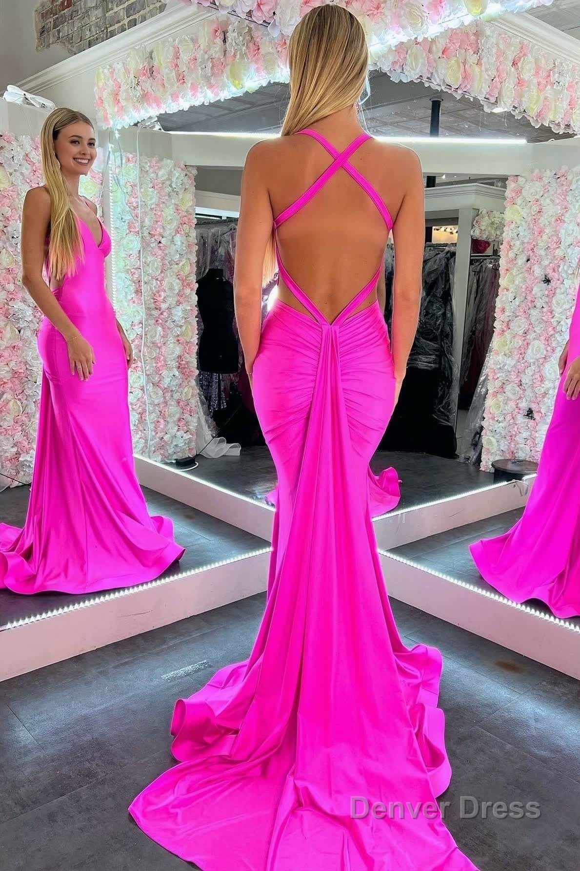 Mermaid Pink V Neck Backless Satin Long Prom Dresses