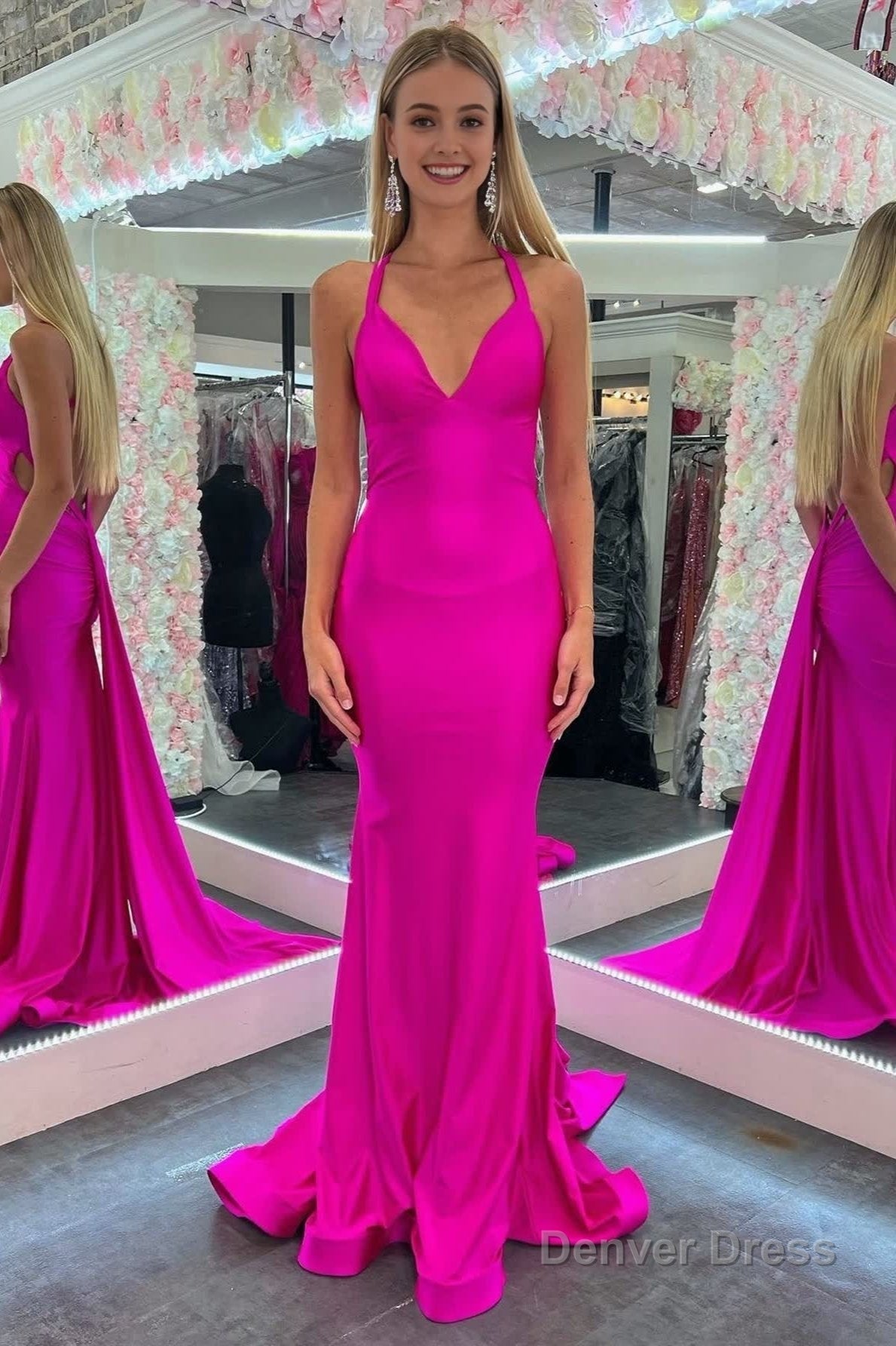 Mermaid Pink V Neck Backless Satin Long Prom Dresses