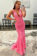 Mermaid Plunge V Neck Lace Prom Dresses