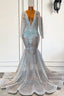 Mermaid Prom Dress With Deep V-Neck Long Sleeves Beadings