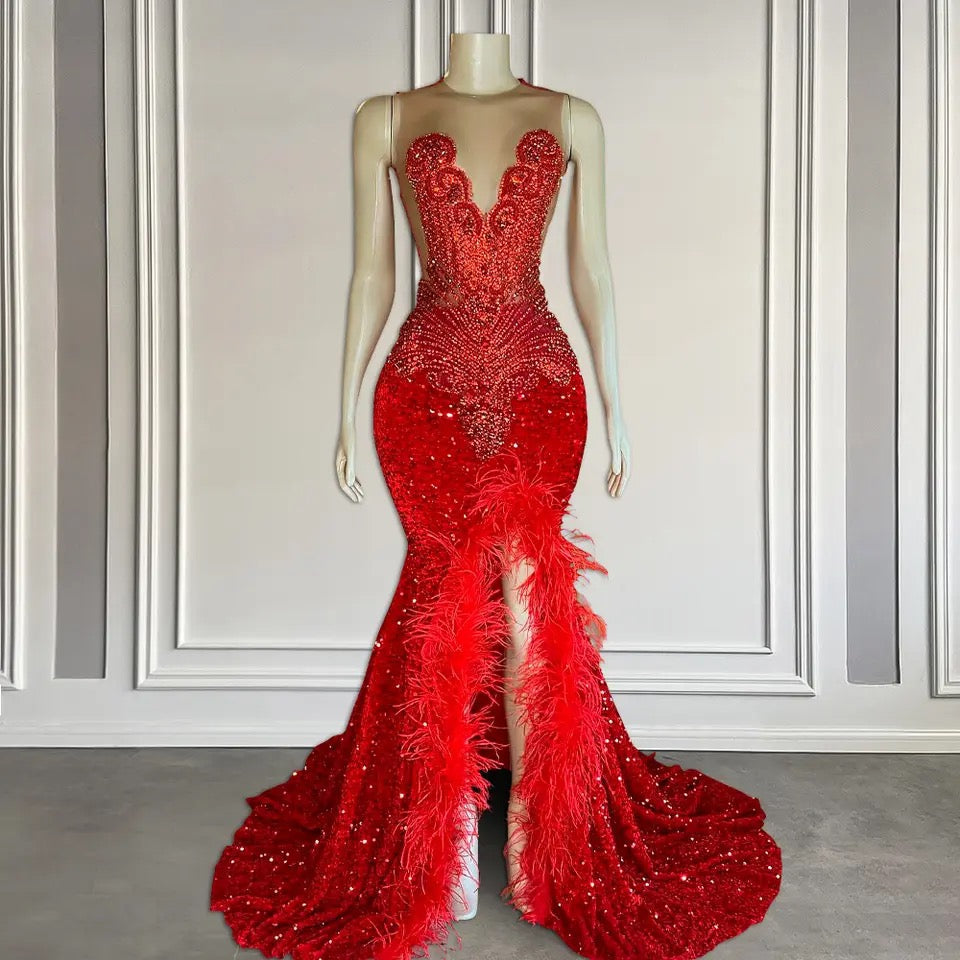 Mermaid Prom Dress With Sequins Sleeveless Split Beadings And Feather Embellishments Secondary image