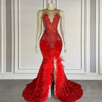Mermaid Prom Dress With Sequins Sleeveless Split Beadings And Feather Embellishments