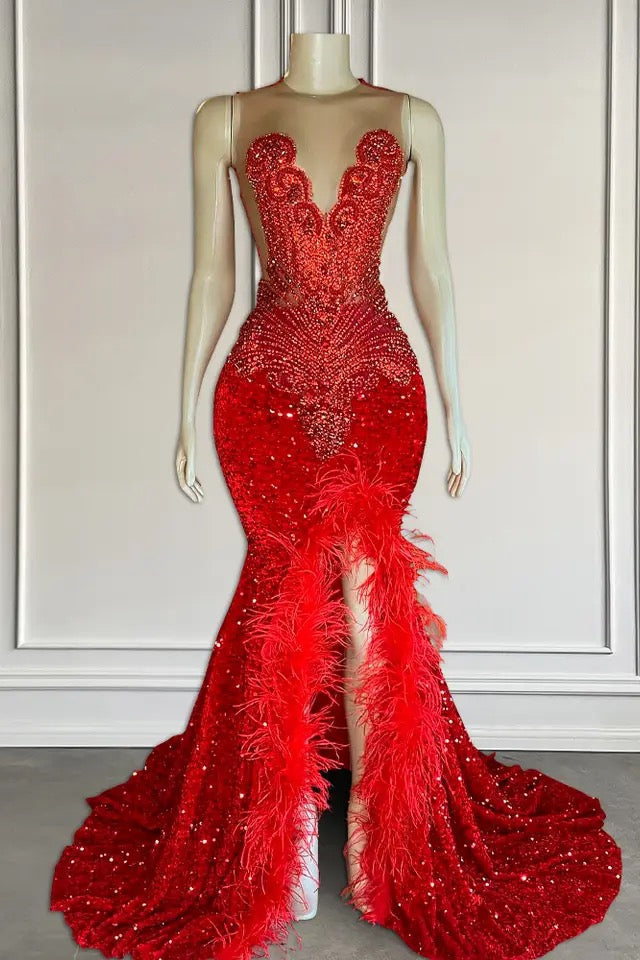 Mermaid Prom Dress With Sequins Sleeveless Split Beadings And Feather Embellishments Main image