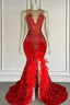 Mermaid Prom Dress With Sequins Sleeveless Split Beadings And Feather Embellishments