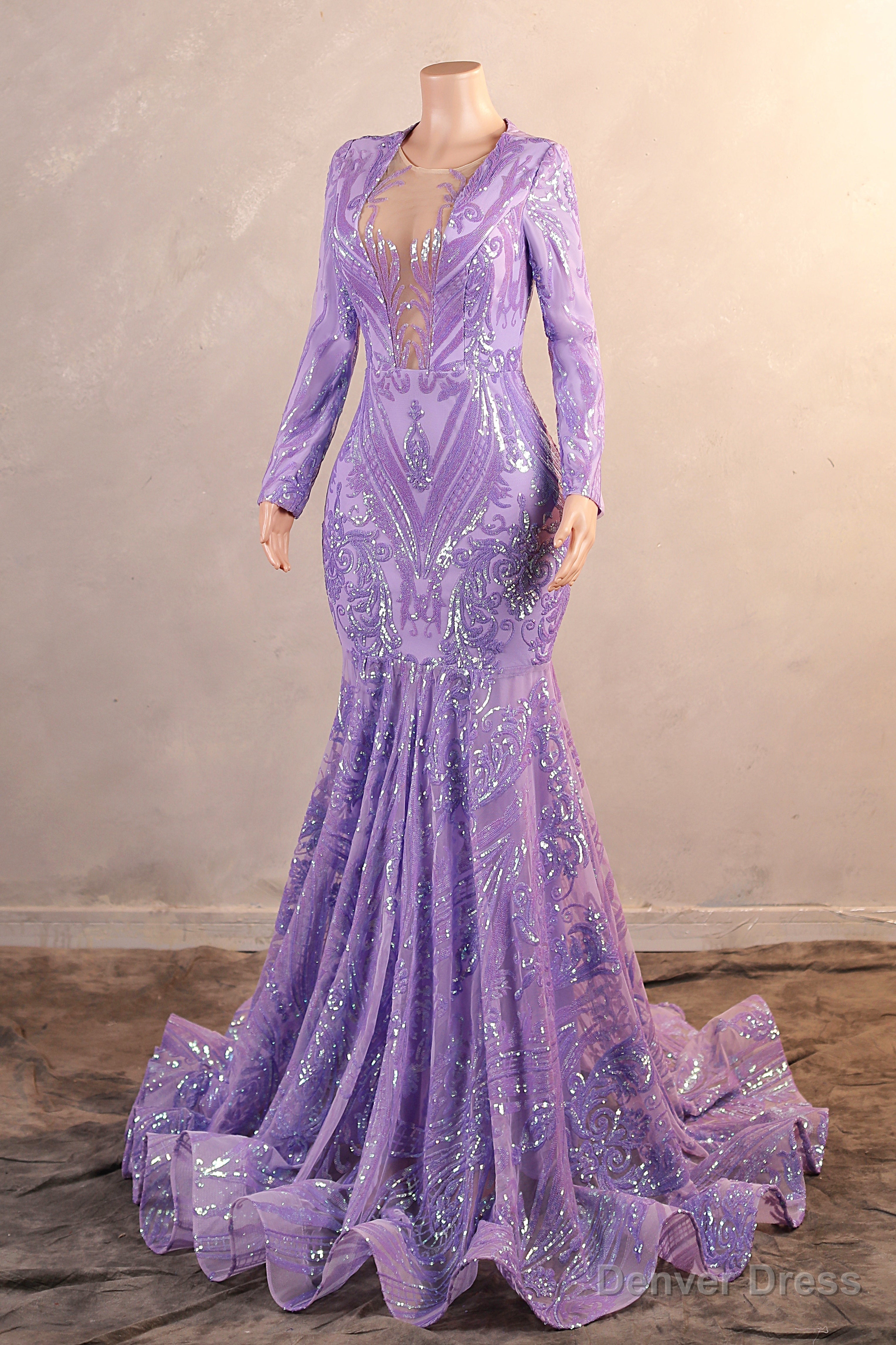 Mermaid Prom Dresses High Neck Long Sleeve Purple Sparkly Sequin Mermaid Long Evening Dresses Secondary image