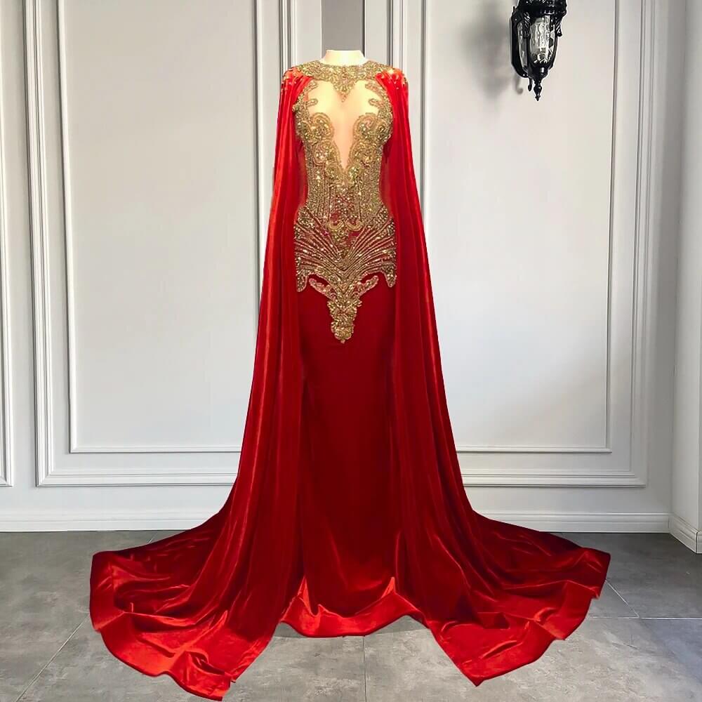 Mermaid Prom Dresses With Red Scoop Neckline And Beadings Cape