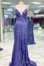 Mermaid Purple Sequins Long Prom Dresses with Slit,Navy Blue Evening Party Gowns