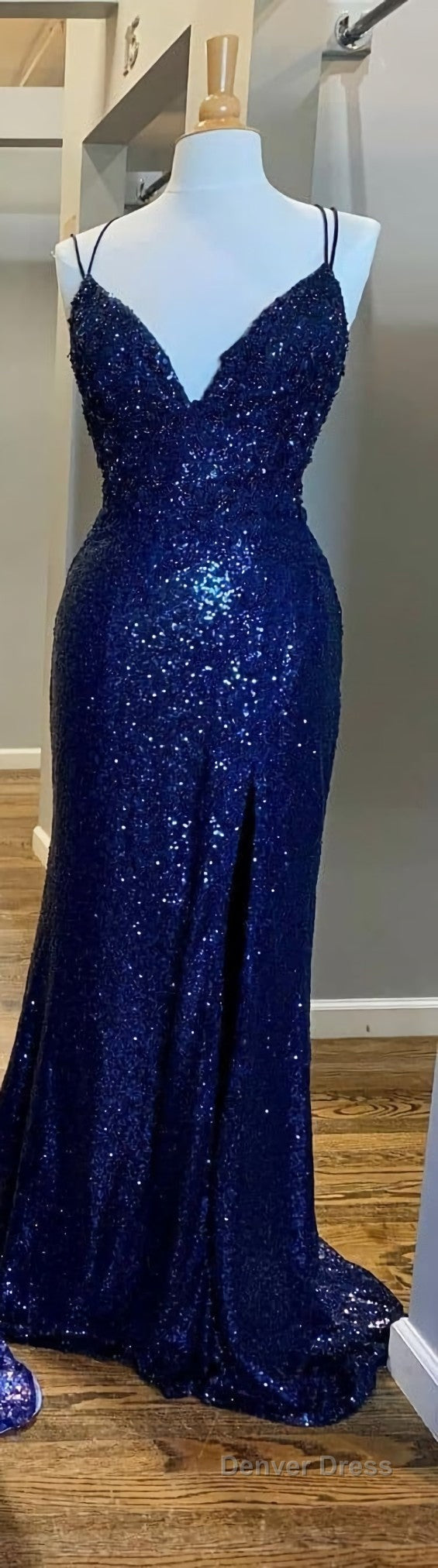Mermaid Purple Sequins Long Prom Dresses with Slit,Navy Blue Prom Gown