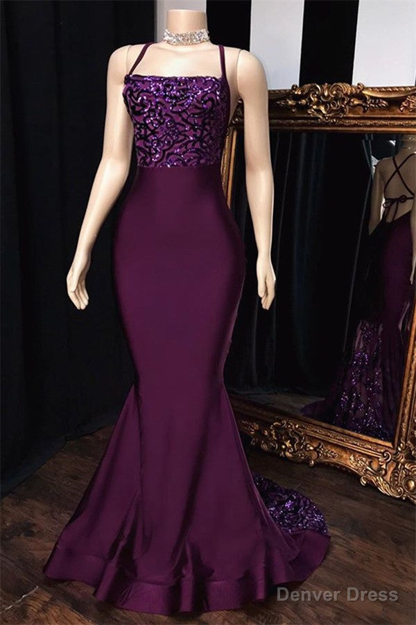 Mermaid Purple Spaghetti Straps Appliques Sleeveless Prom Dresses Main image