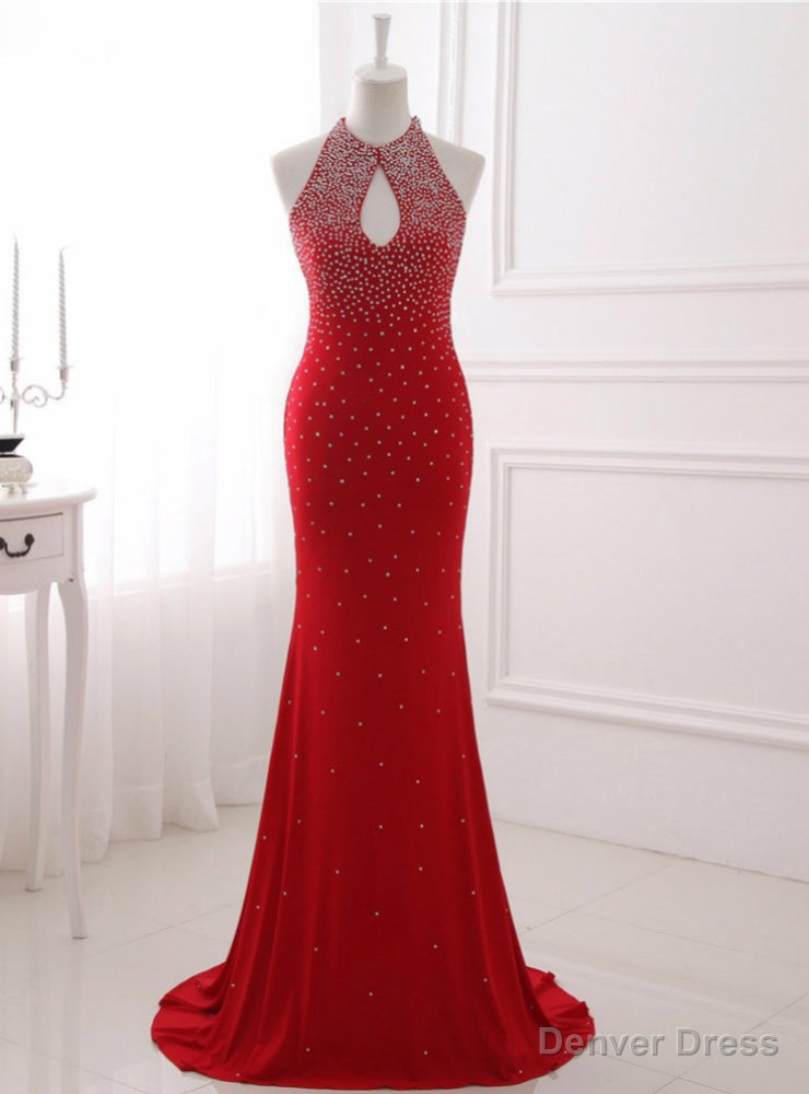 Mermaid Red Long Prom Dresses Sparky White Beading Sexy Prom Gowns