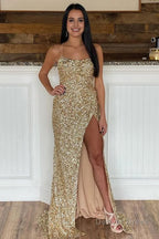 Mermaid Red Sequins Long Prom Dresses with Slit