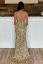 Mermaid Red Sequins Long Prom Dresses with Slit