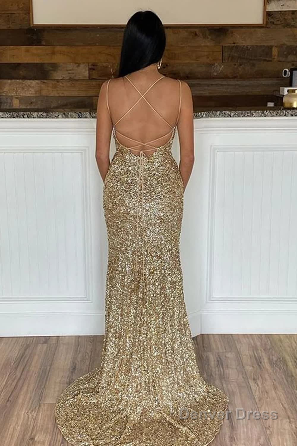 Mermaid Red Sequins Long Prom Dresses with Slit