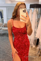 Mermaid Red Sequins Long Prom Dresses with Slit