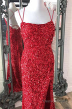 Mermaid Red Sequins Long Prom Dresses with Slit