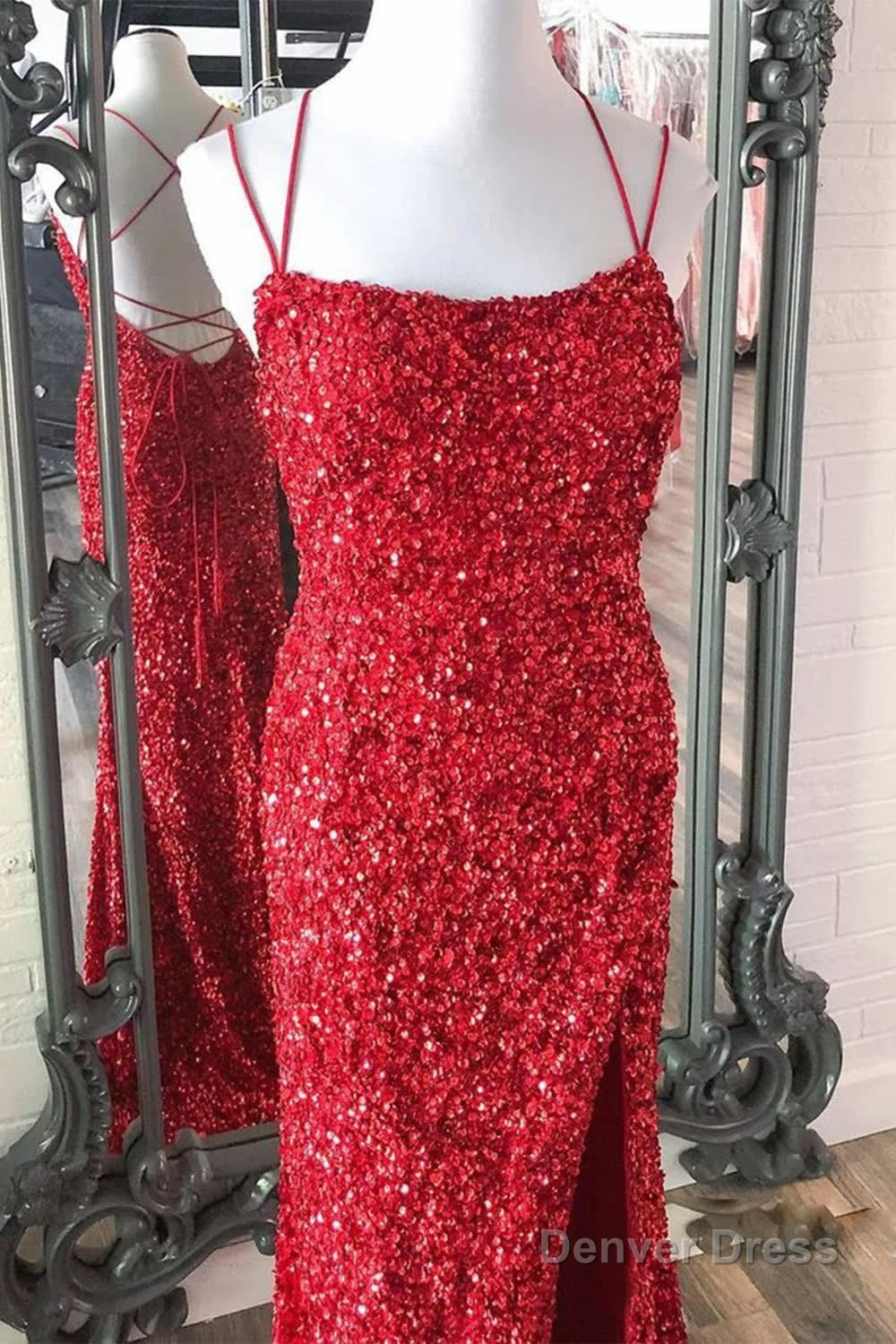 Mermaid Red Sequins Long Prom Dresses with Slit