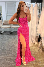 Mermaid Red Sequins Long Prom Dresses with Slit