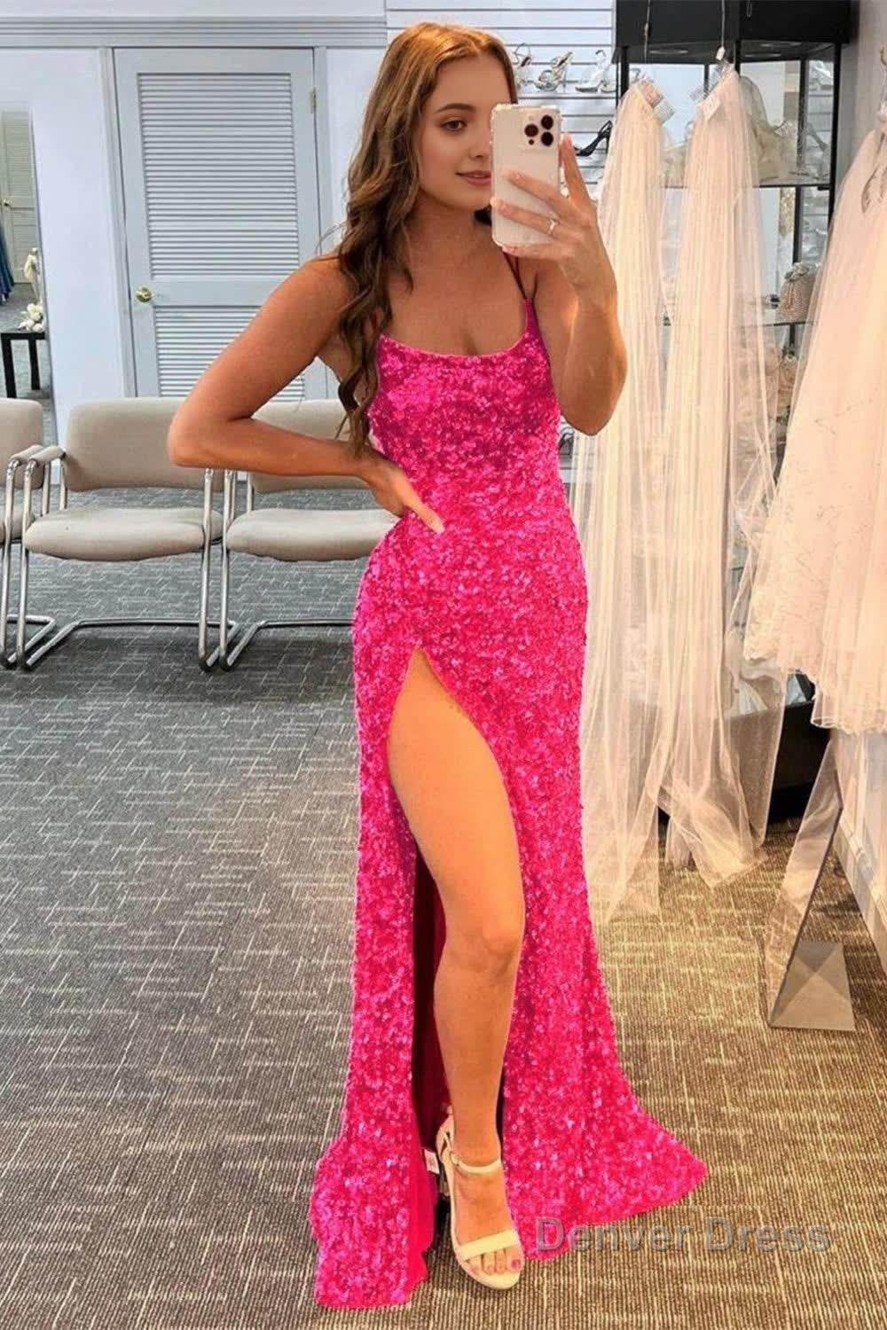 Mermaid Red Sequins Long Prom Dresses with Slit