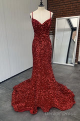 Mermaid Red Spaghetti Straps Velvet Sequin Prom Dress