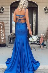 mermaid royal blue backless long prom dress evening dress