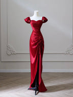 Mermaid Satin Burgundy Long Prom Dresses, Mermaid Burgundy Long Formal Dresses