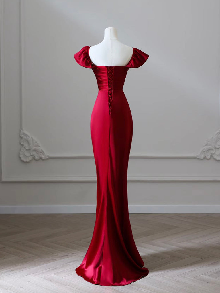 Mermaid Satin Burgundy Long Prom Dresses, Mermaid Burgundy Long Formal Dresses