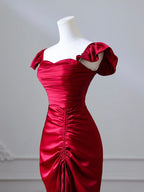 Mermaid Satin Burgundy Long Prom Dresses, Mermaid Burgundy Long Formal Dresses