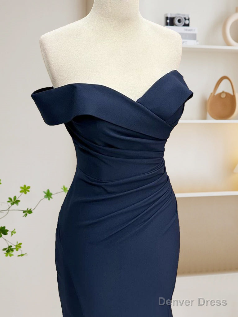 Mermaid Satin Dark Blue Long Prom Dress, Dark Blue Long Prom Dresses