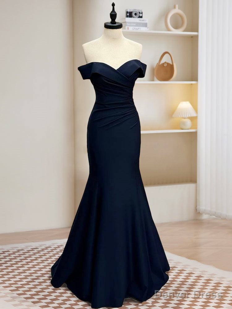 Mermaid Satin Dark Blue Long Prom Dress, Dark Blue Long Formal Dress Main image