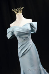 Mermaid Satin Floor Length Prom Dress, Blue Off The Shoulder Evening Party Dress