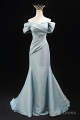 Mermaid Satin Floor Length Prom Dress, Blue Off The Shoulder Evening Party Dress