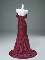 Mermaid Satin Off Shoulder Sweep Train Burgundy Prom Dresses