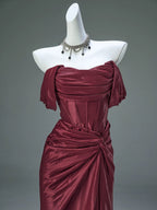 Mermaid Satin Off Shoulder Sweep Train Burgundy Prom Dresses