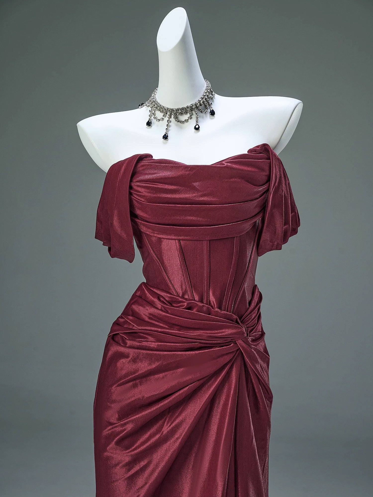 Mermaid Satin Off Shoulder Sweep Train Burgundy Prom Dresses