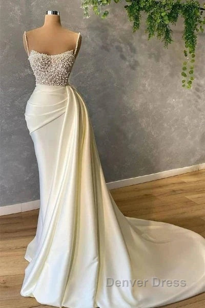 Mermaid Satin Spaghetti Strap Sweetheart Sequined Beaded Long Prom Dresses Gorgeous Evening Dresses