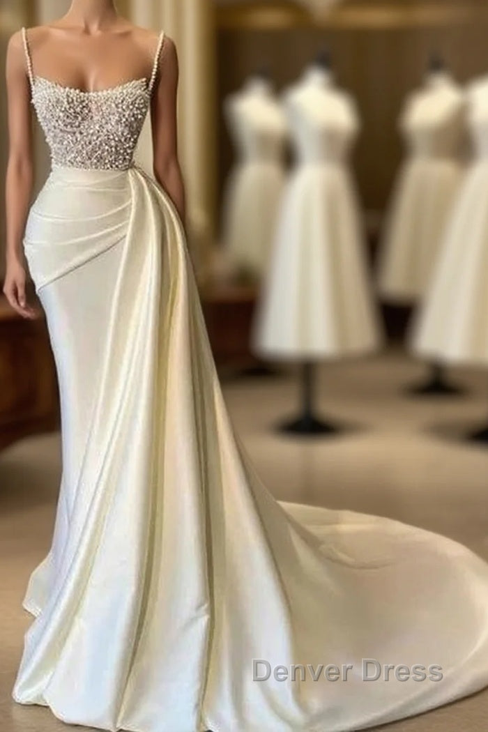 Mermaid Satin Spaghetti Strap Sweetheart Sequined Beaded Long Prom Dresses Gorgeous Evening Dresses