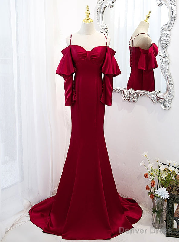 Mermaid Satin Spaghetti Straps Long Sleeve Prom Dresses