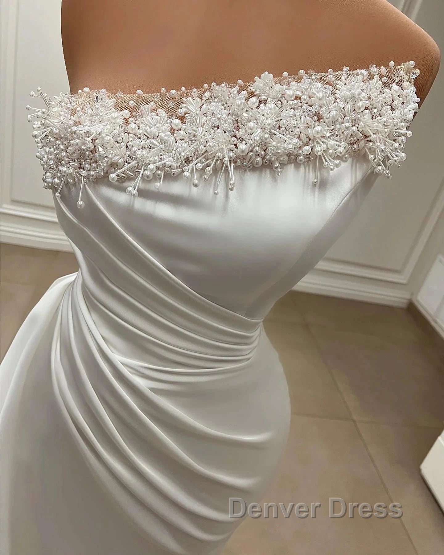 Mermaid Satin Wedding Dresses Long Strapless Dresses With Pearls Secondary image