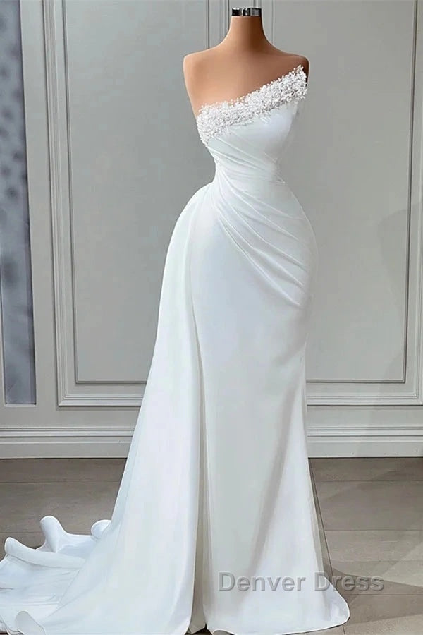 Mermaid Satin Wedding Dresses Long Strapless Dresses With Pearls